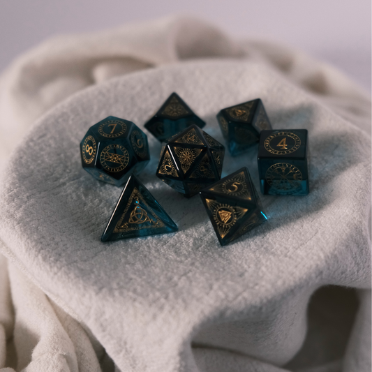 Runebound Relic - Blue Engraved Glass D&D Dice Set