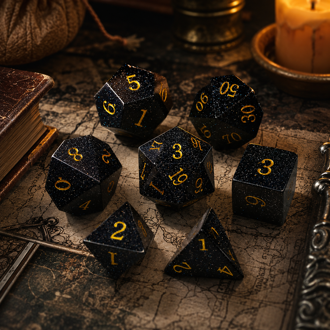 Cosmic Void - Black Sandstone Gemstone DnD Dice Set